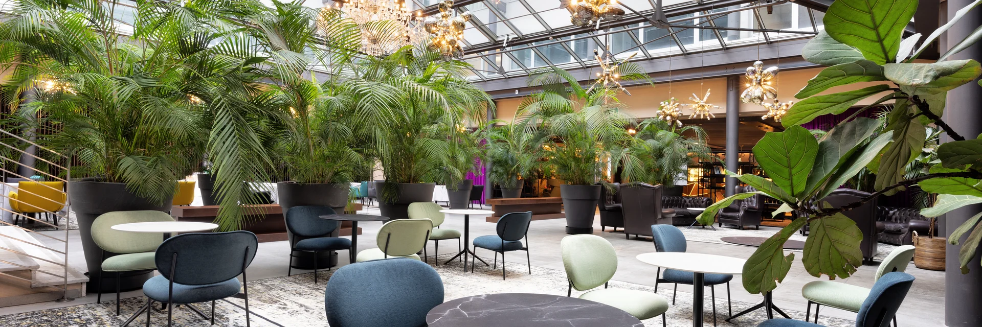7th Heaven Spa Bolzano | Four Points by Sheraton Spazio interno con piante, tavoli e sedie sotto un soffitto di vetro moderno